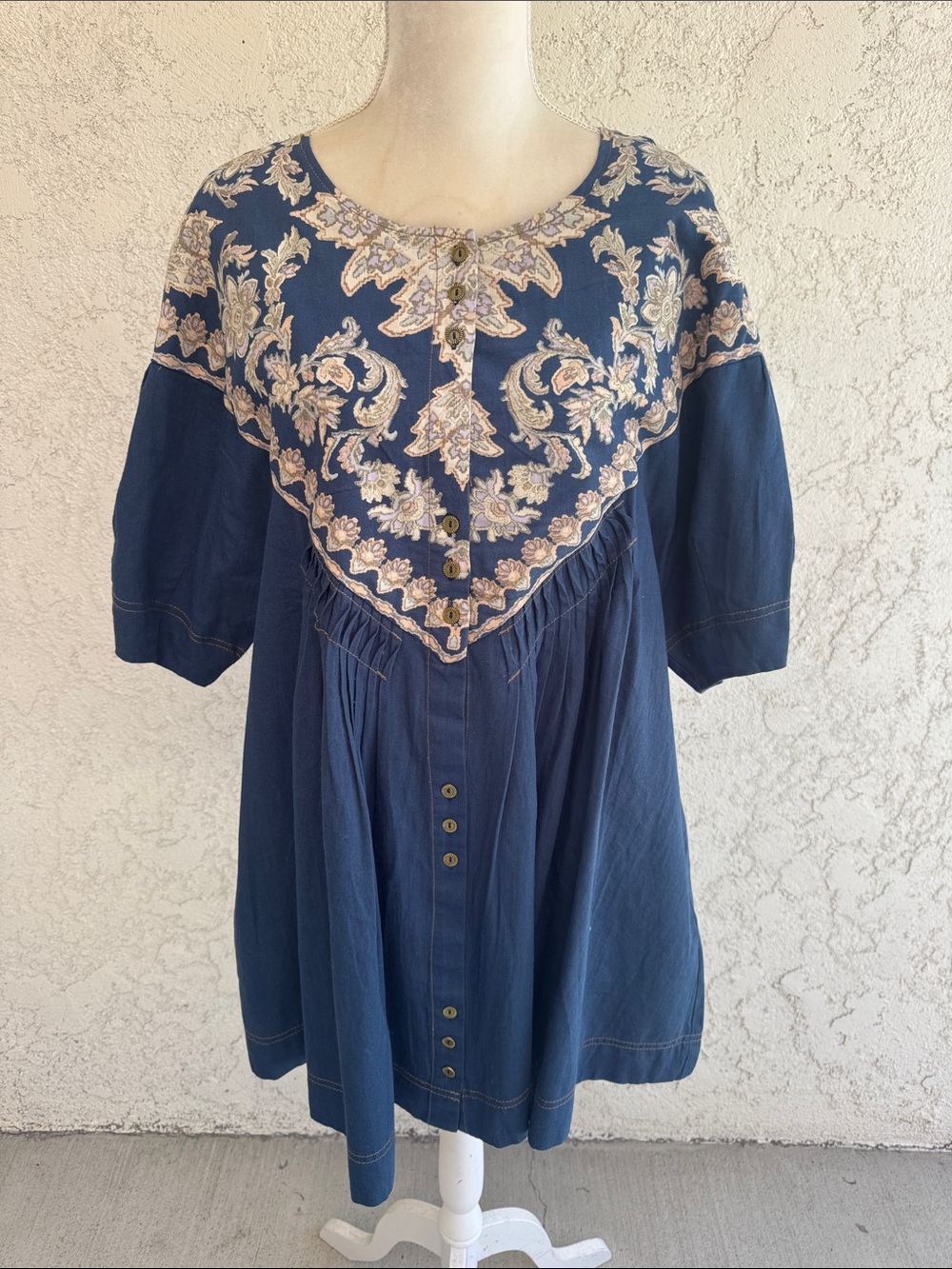 Free People Orson denim Navy Floral Yoke Tunic shift mini dress size Medium